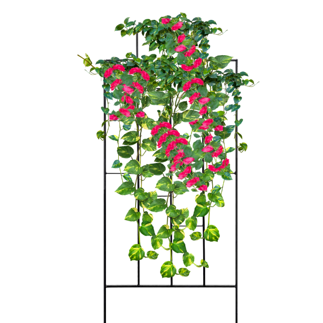 64" Contemporary Black Metal Trellis – Sleek, geometric design with staggered rectangles for modern elegance. Durable steel construction with a matte black powder-coated finish for weather resistance. Open grid supports climbing plants and vines. Easy installation with dual 11.5" ground stakes. Measures 24"W x 64"H. Perfect for adding structure and style to any garden.